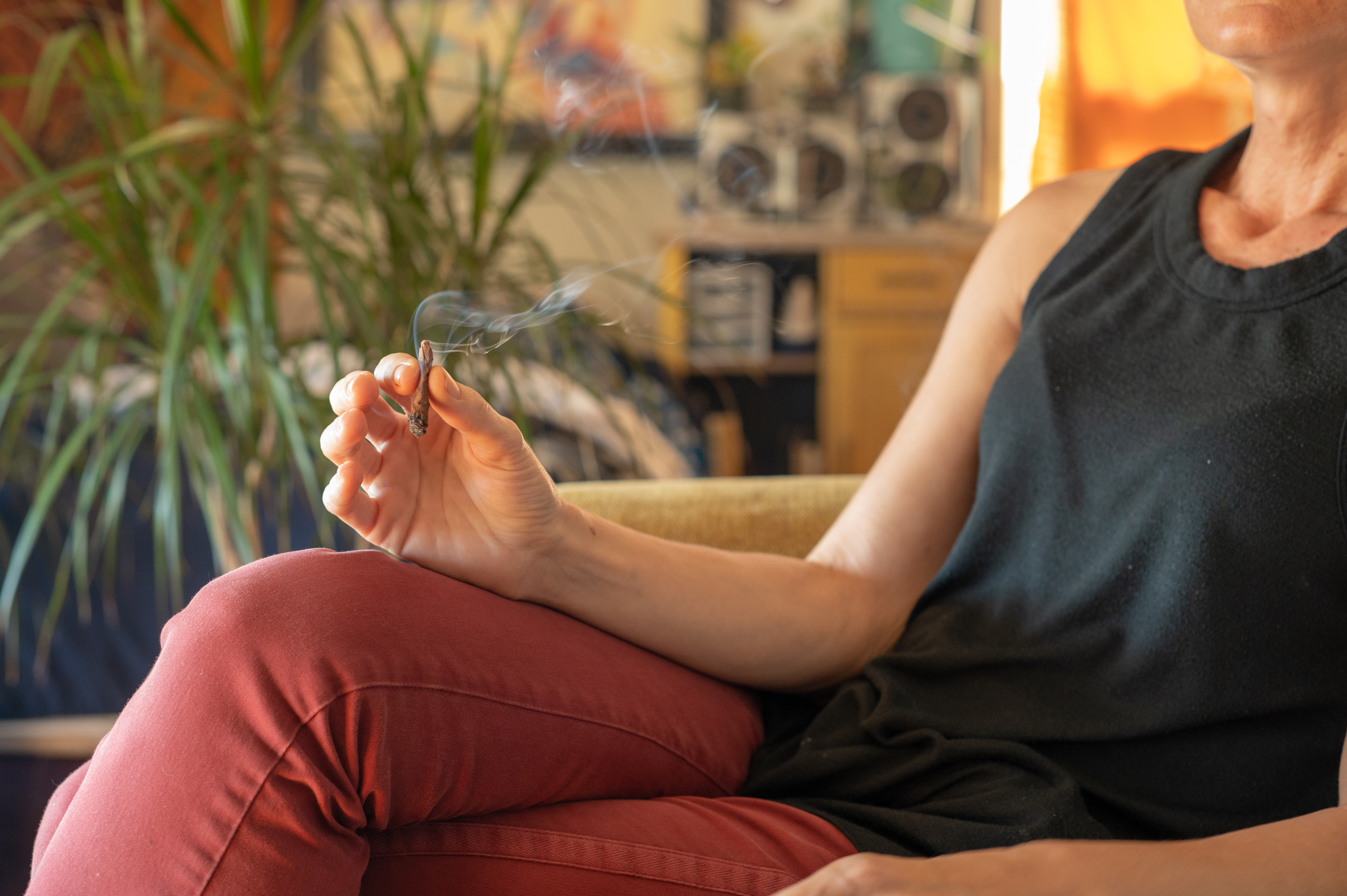 Person smoking cannabis at home with air purifier on