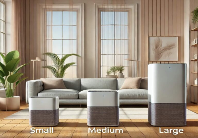 Three air purifiers in small, medium, and large sizes displayed in a modern living room with a neutral-toned sofa and natural lighting.