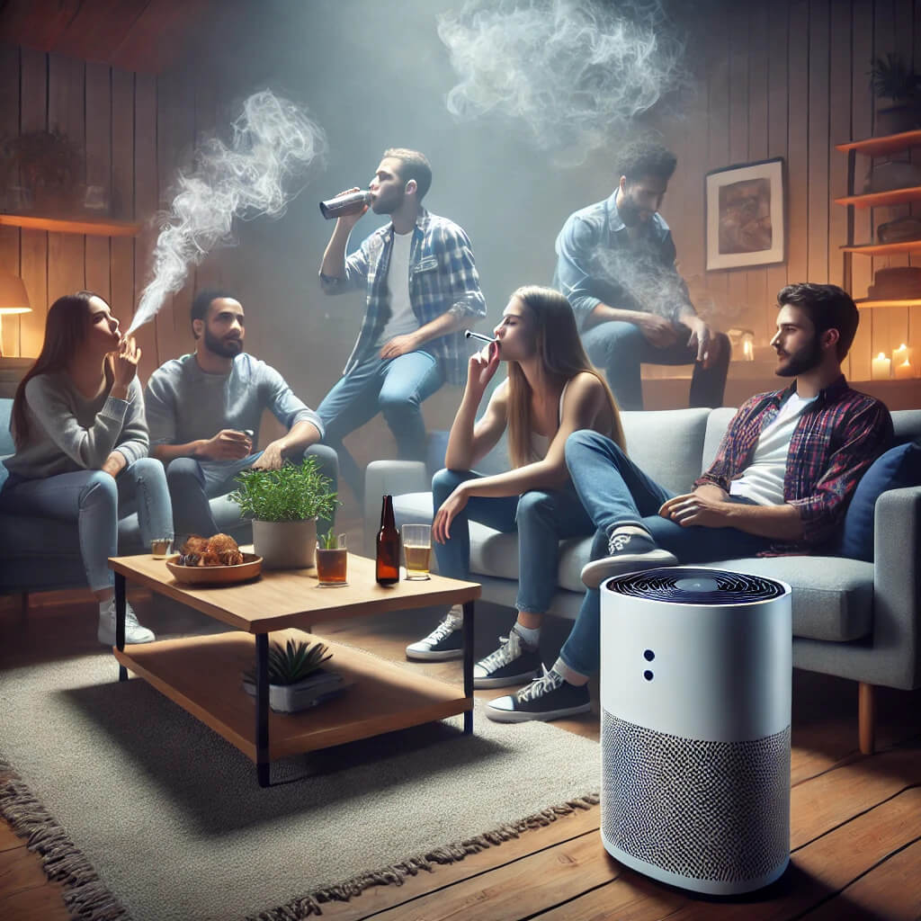 Air purifier in a smoky room with a group of young adults vaping, smoking, and drinking in a cozy indoor setting.